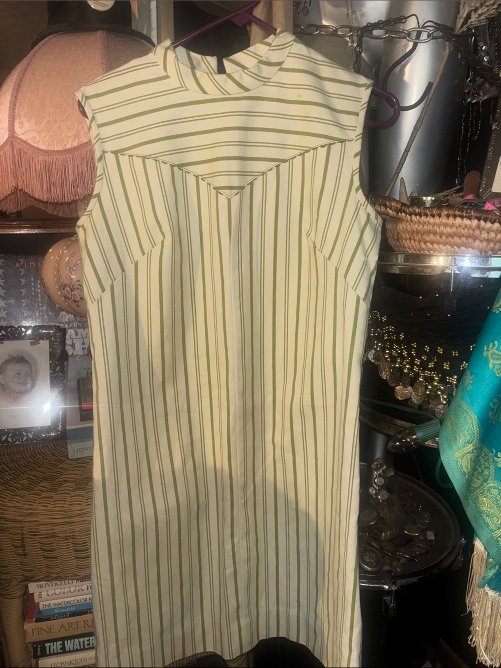 Mod vintage handmade Sleeveless Striped Midi Dress in Green and Cream